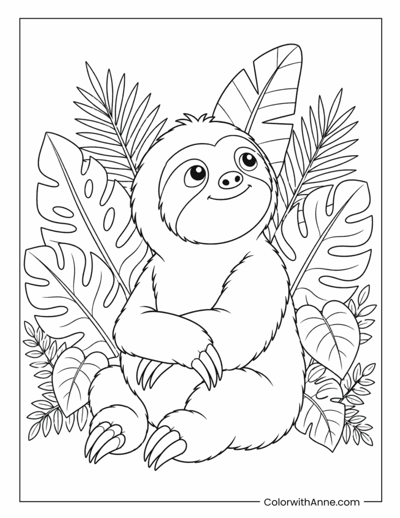 Cute Sloth Sitting Among Tropical Leaves Coloring Page for Kids