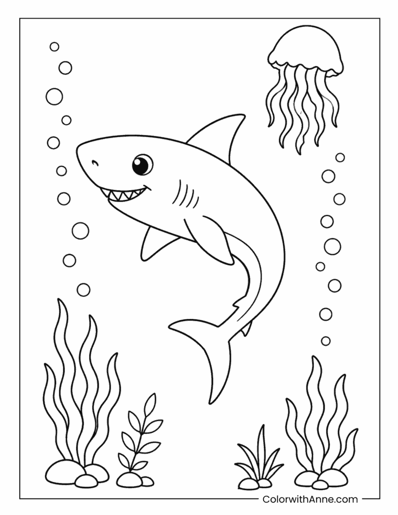 Cute Smiling Shark Swimming Near a Jellyfish Coloring Page
