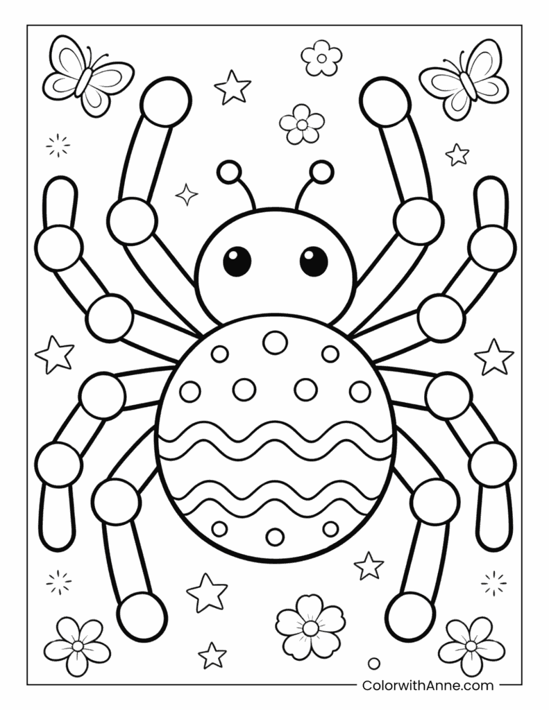 Cute Spider with Butterflies, Stars, and Flowers Coloring Page