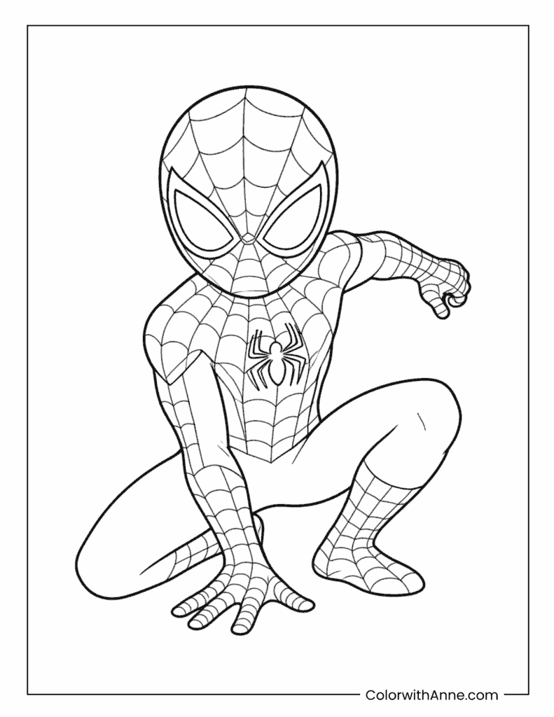 Cute Spidey Peter Parker Pose Coloring Page for Kids