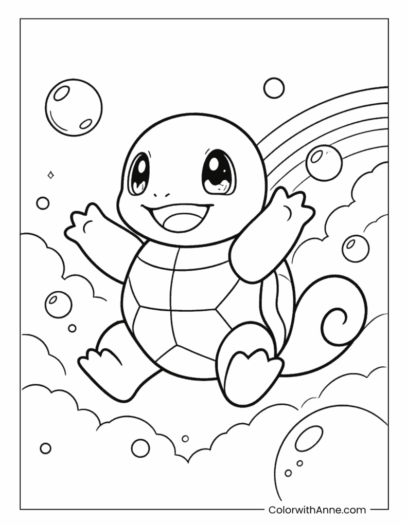 Cute Squirtle Under the Rainbow Coloring Page