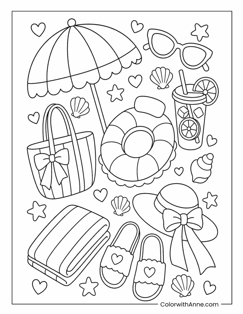 Cute Summer Chic Lifestyle Coloring Sheet with Bags & Accessories