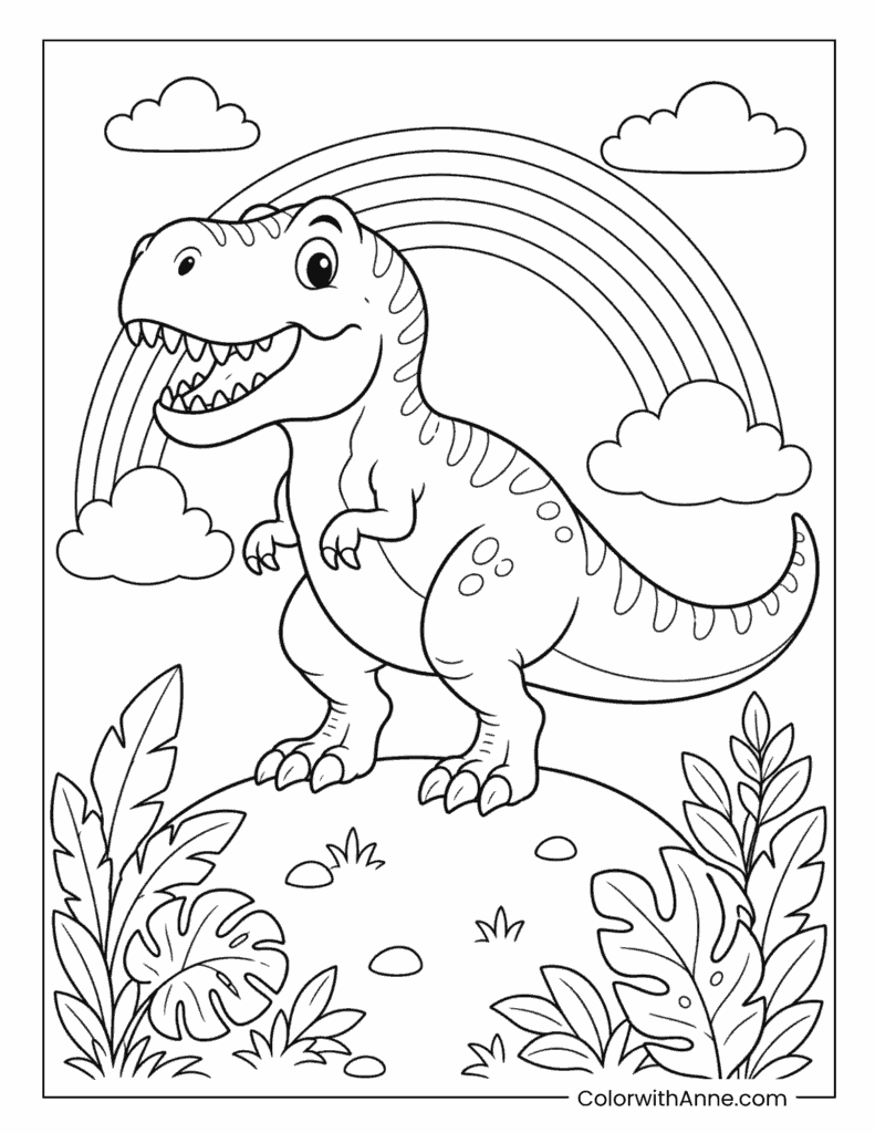 Cute T-Rex Under a Rainbow Coloring Page