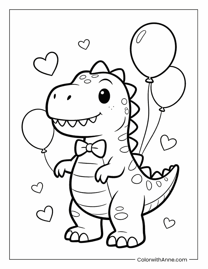 Cute T-rex with a Bow and Balloons Coloring Page