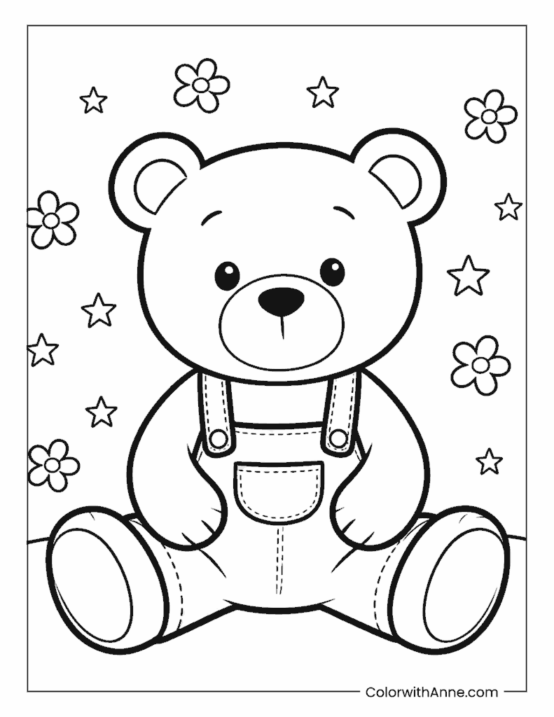 Cute Teddy Bear in Overalls with Stars and Flowers Coloring Page