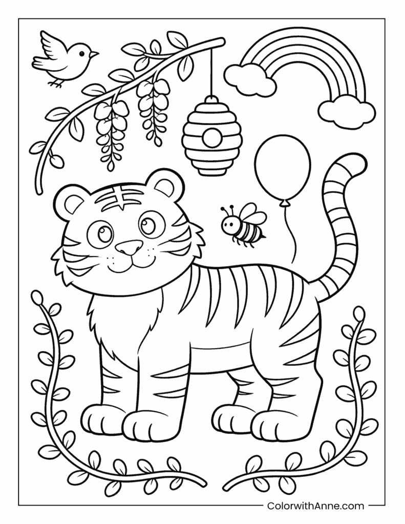 Cute Tiger Coloring Page for Kids