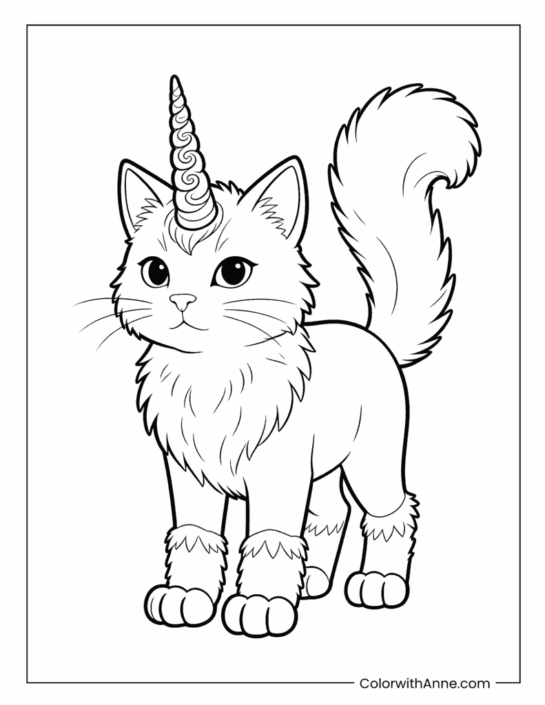 Cute Unicorn Cat Standing with Fluffy Tail Coloring Page