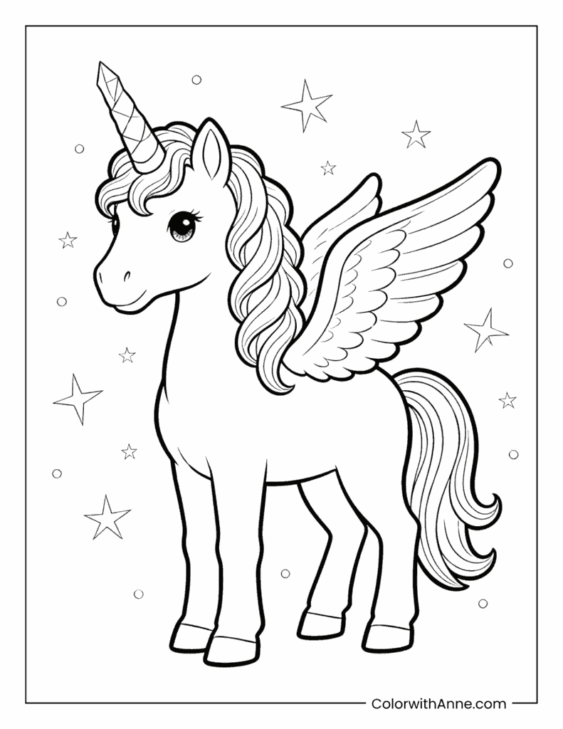 Cute Unicorn with Curly Mane and Starry Background Coloring Page