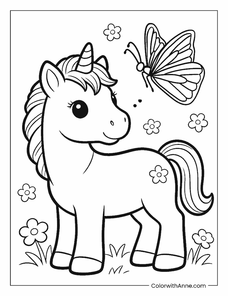 Cute Unicorn with Flowers and Butterfly Coloring Page