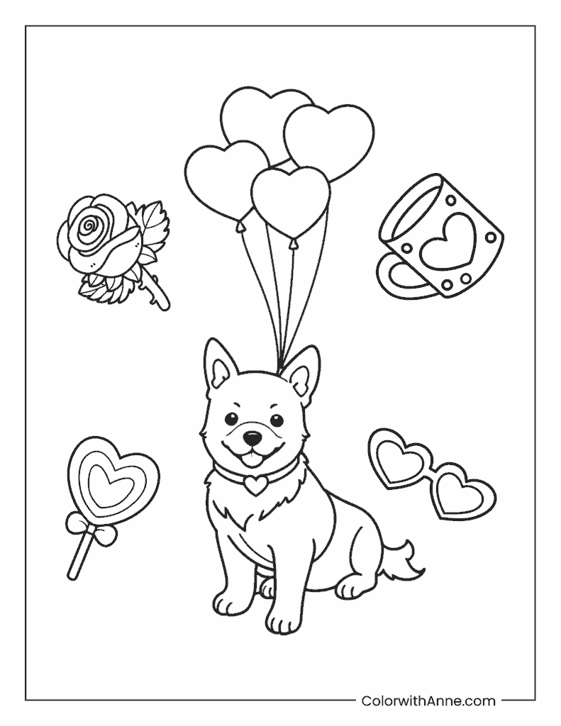 Cute Valentines Day Dog Coloring Page