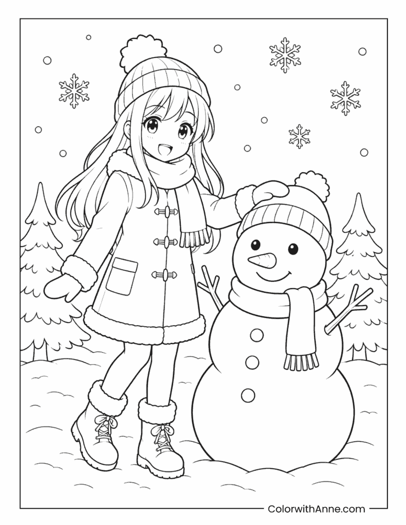 Cute Winter Anime Girl with Snowman Coloring Page