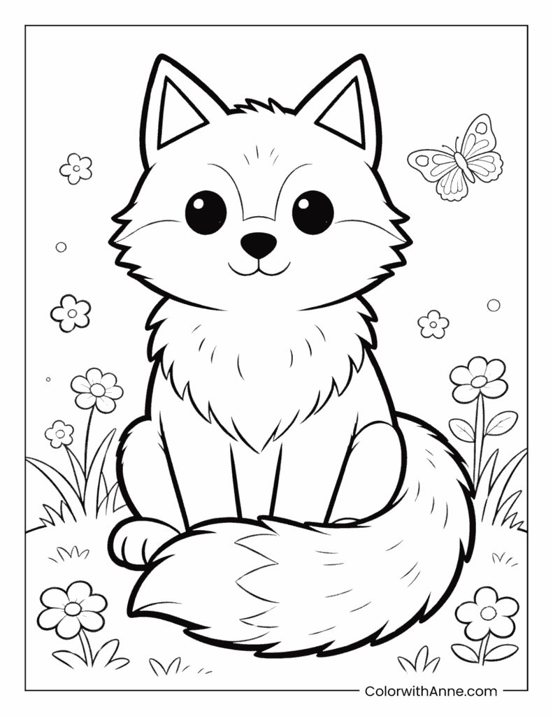 Cute Wolf Cub Surrounded by Flowers and Butterflies Coloring Page