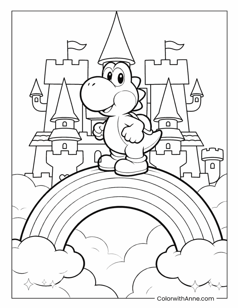 Cute Yoshi on a Rainbow with Castle Super Mario Coloring Page