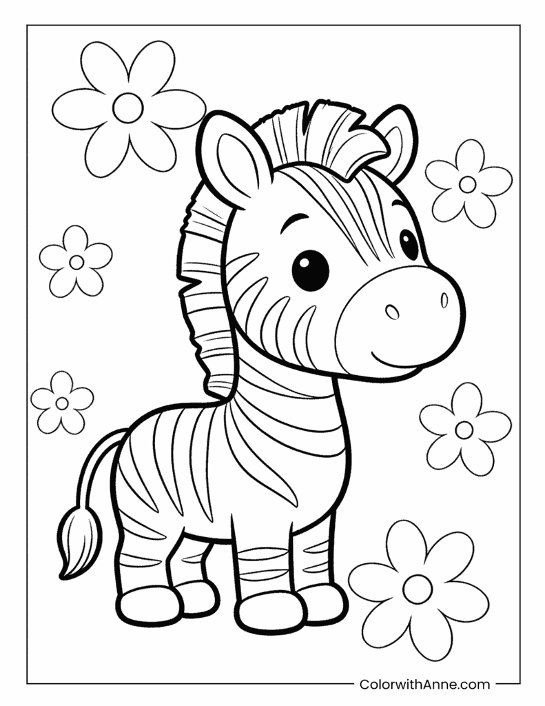 Cute Zebra and Flowers Coloring Page