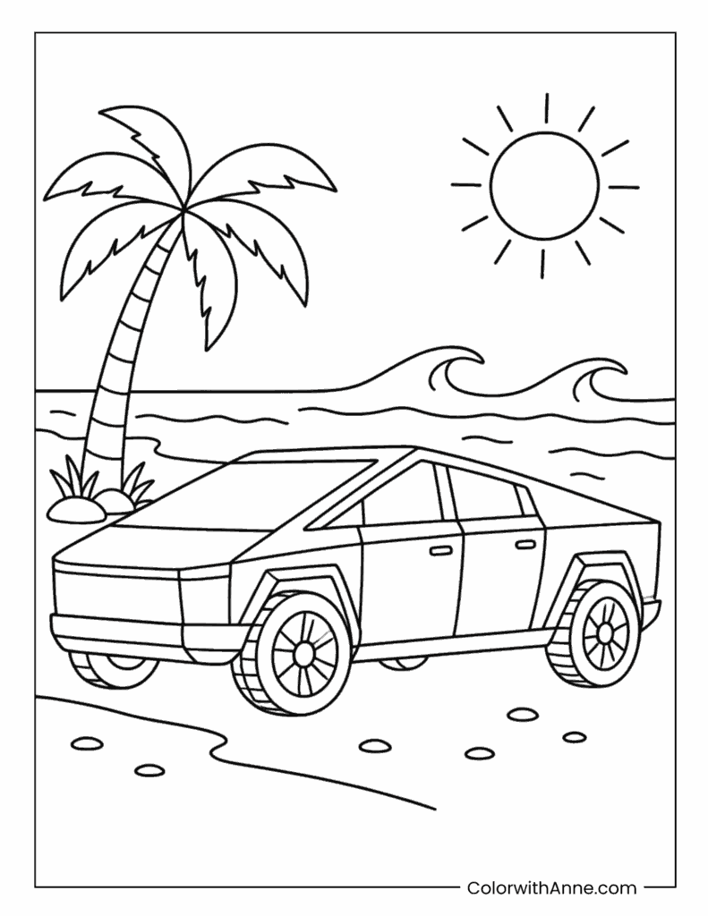 Cybertruck Beach Day Coloring Page
