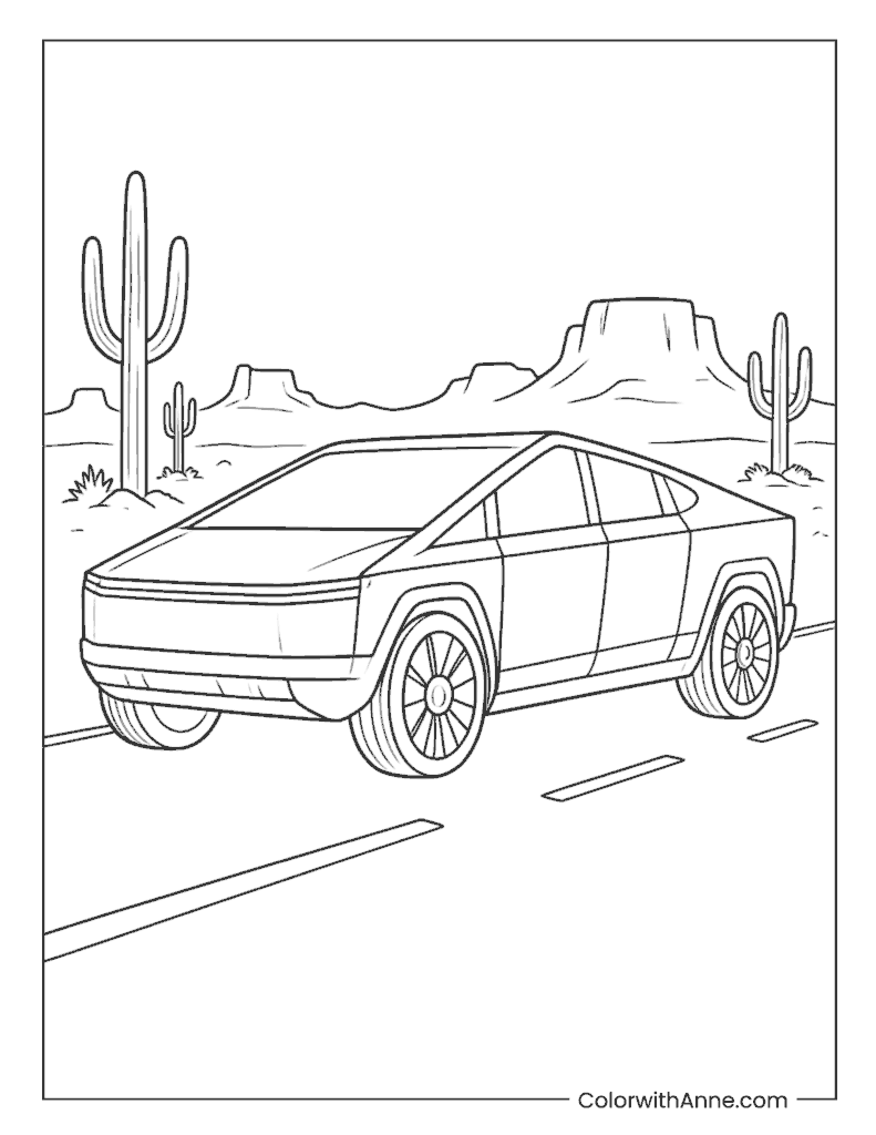 Cybertruck Desert Road Coloring Page