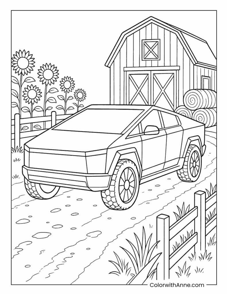 Cybertruck Farm Barn Coloring Page