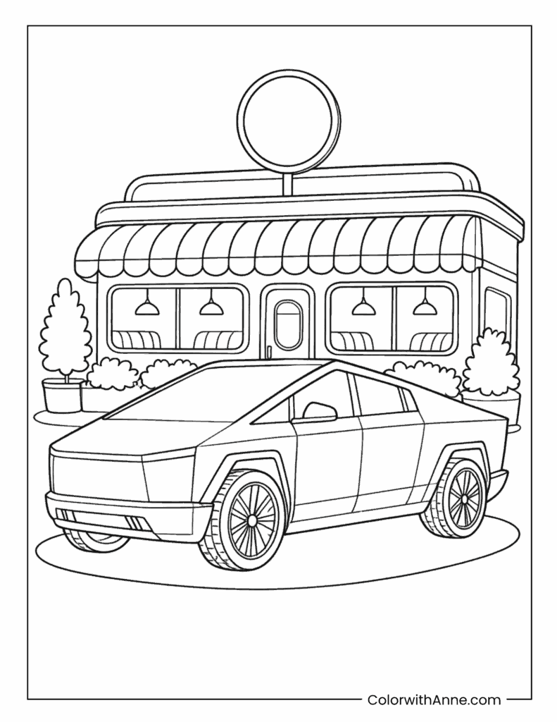 Cybertruck Outside Diner Coloring Page