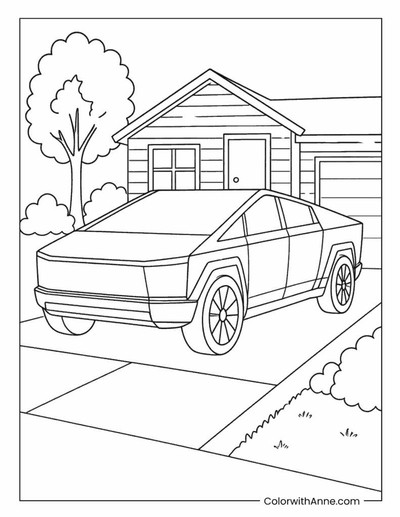 Cybertruck Parked in Driveway Coloring Page