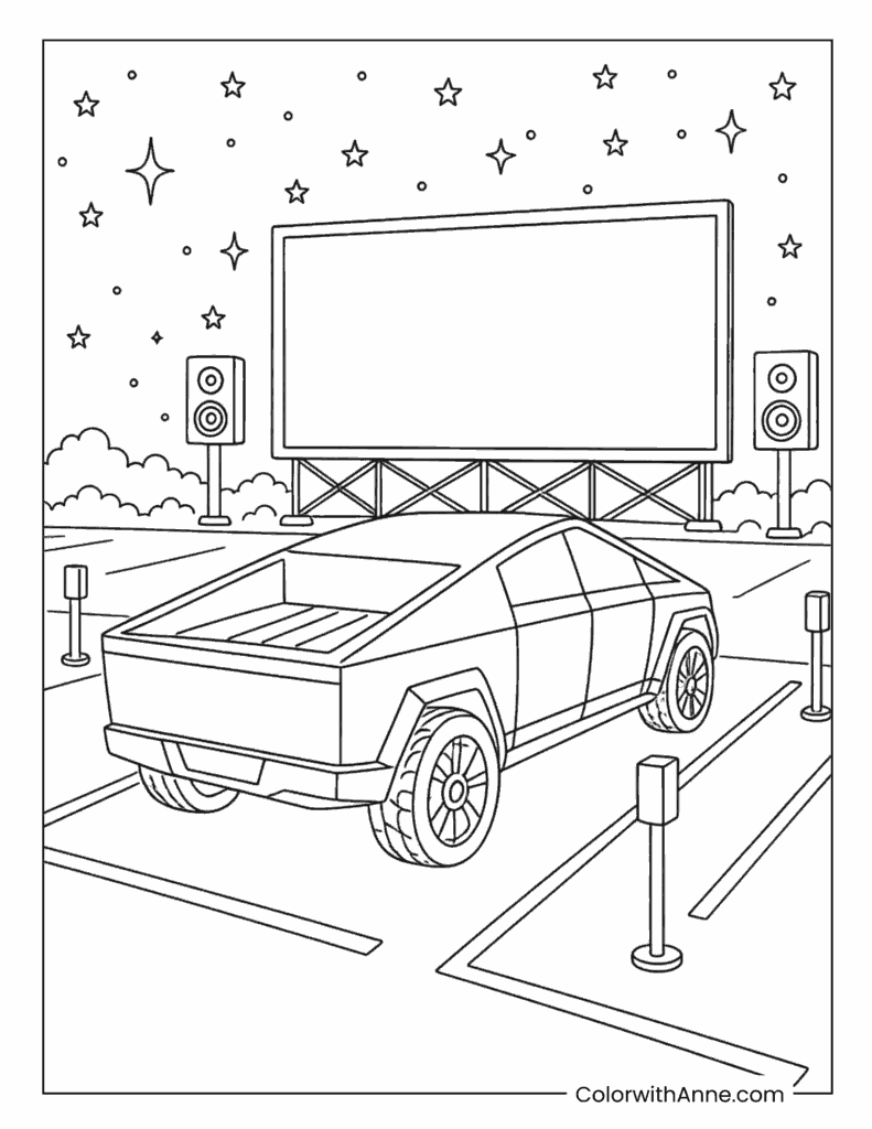 Cybertruck at the Drive-In Movie Coloring Page