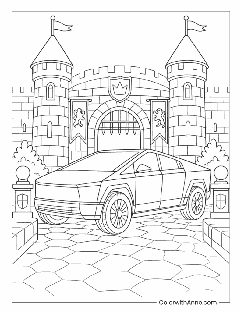 Cybertruck in Front of Castle Coloring Page