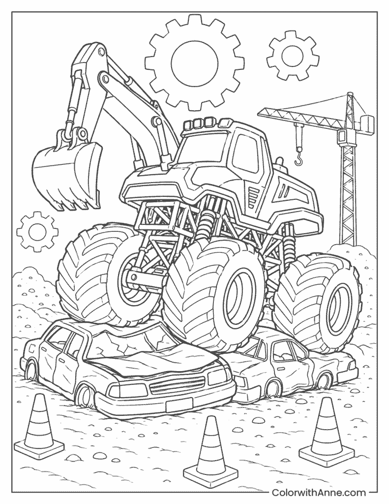 DIGatron Crushing Cars on Course Coloring Page