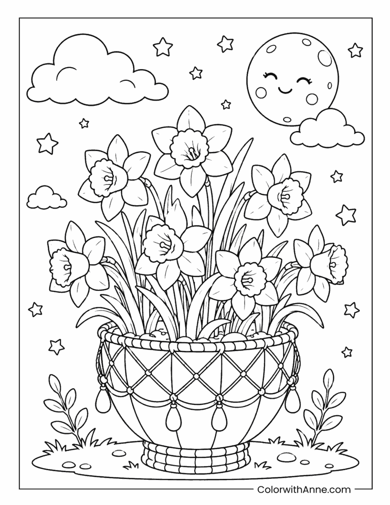 Daffodil Basket Under the Moon Coloring Page