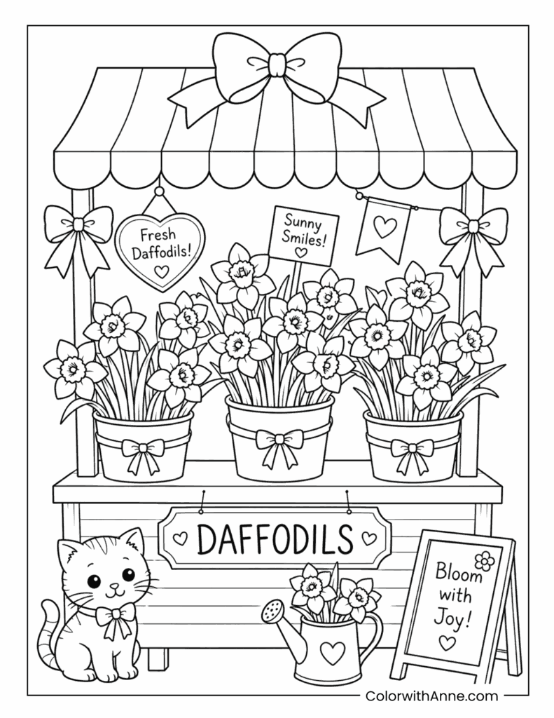 Daffodil Flower Stand with Cat Coloring Page
