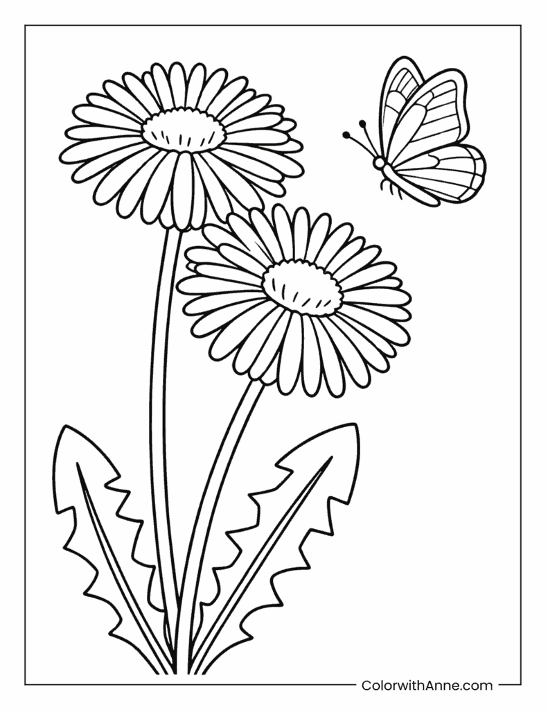 Daisies and Butterfly Spring Coloring Page