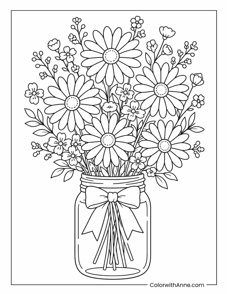 Daisy Bouquet in a Mason Jar Coloring Page