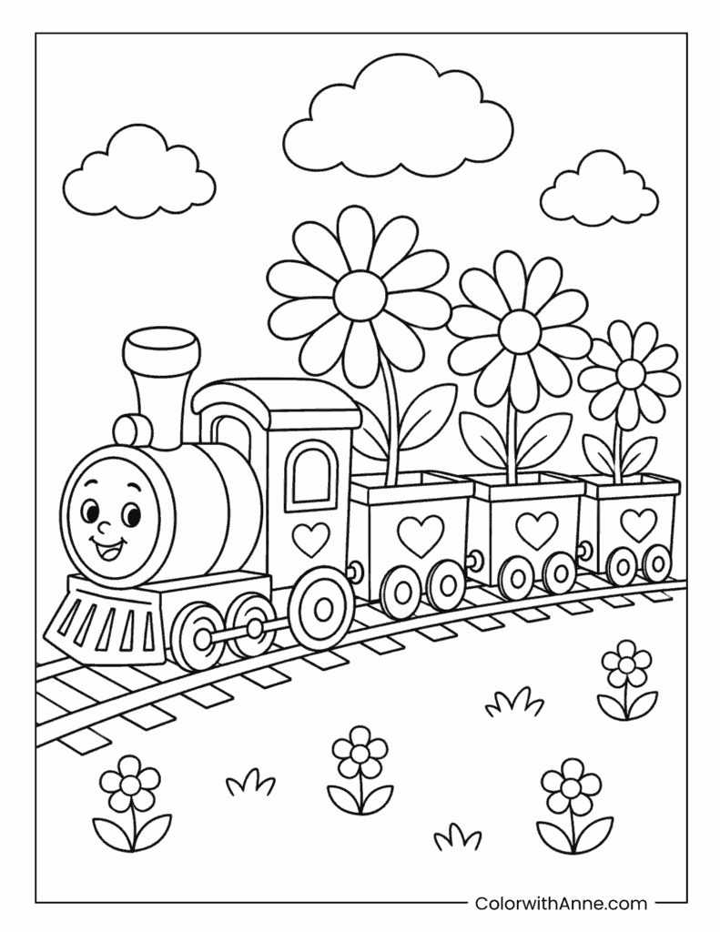 Daisy Flower Train Coloring Page