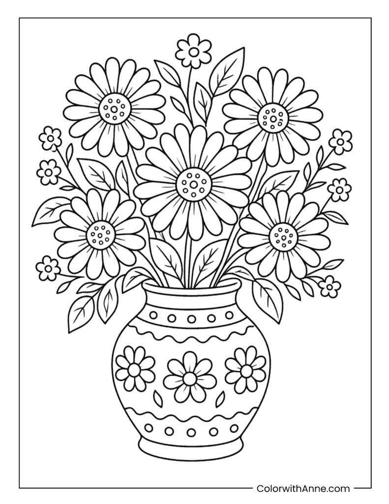 Daisy Flowers in a Vase Coloring Page