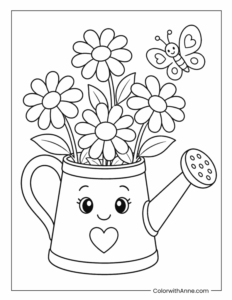 Daisy Flowers in a Watering Can Coloring Page