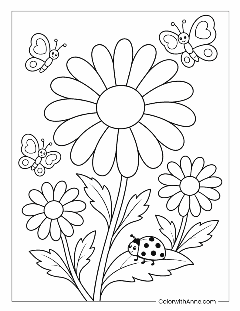 Daisy Flowers with Butterflies Coloring Page for Kids
