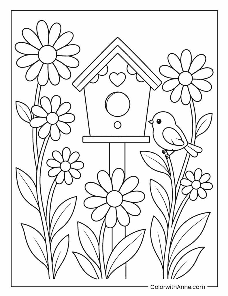 Daisy Garden Birdhouse Coloring Page