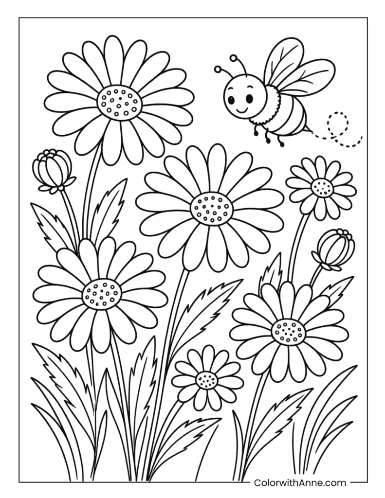 Daisy Garden with Bee Coloring Page