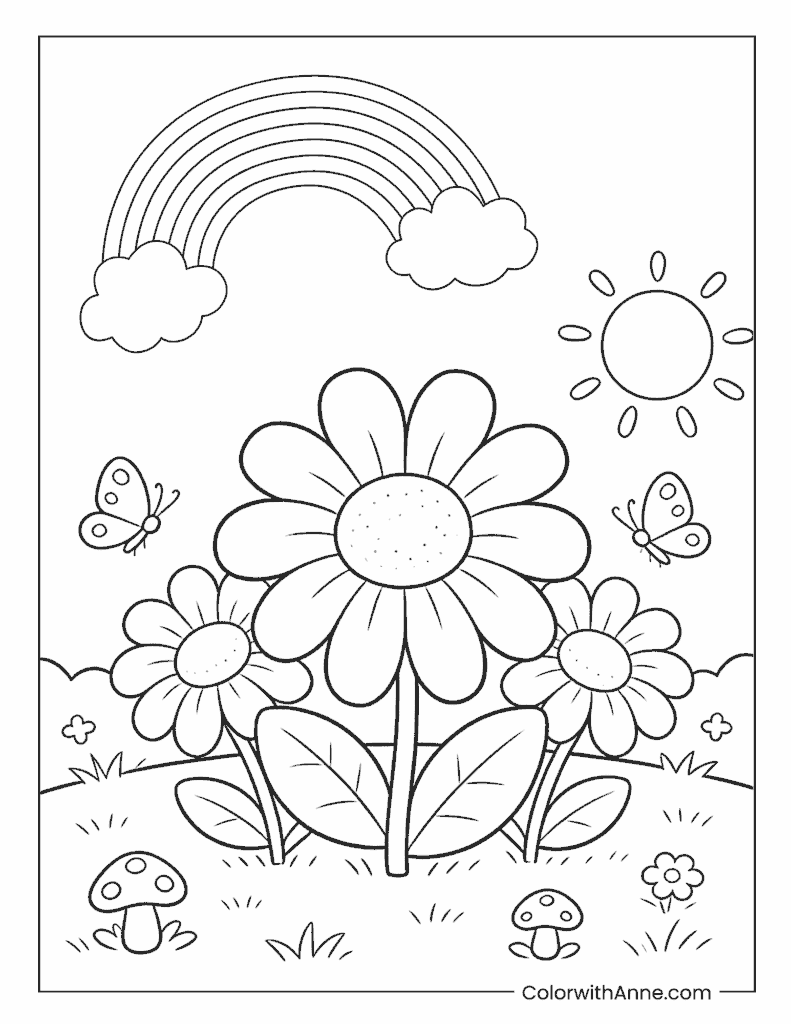 Daisy Garden with Rainbow, Sun and Mushrooms Coloring Page