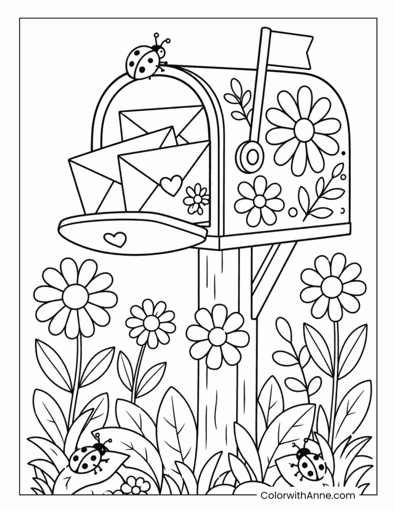 Daisy Mailbox with Ladybugs Coloring Page