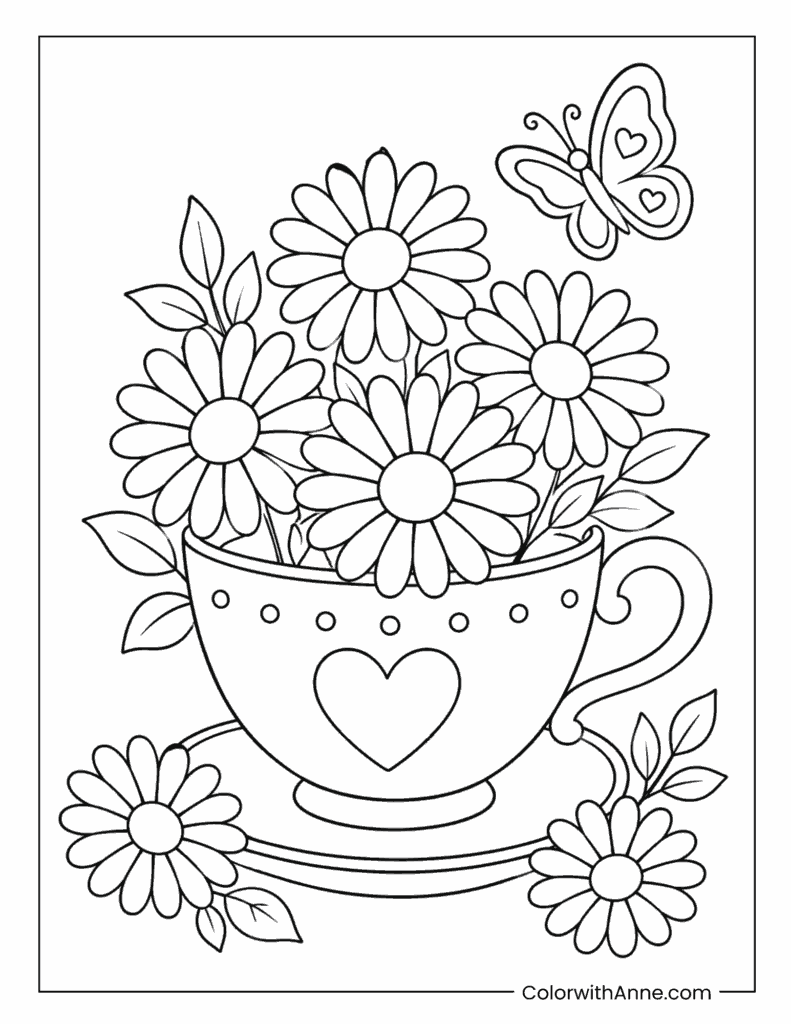 Daisy Teacup Flower Arrangement Coloring Page