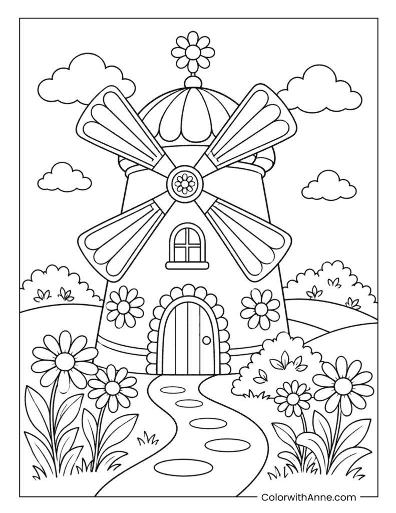 Daisy Windmill Garden Coloring Page