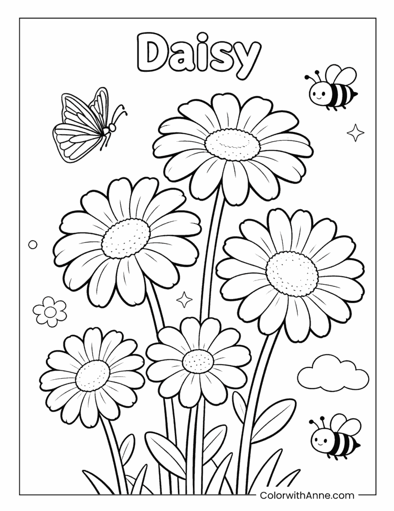 Daisy Word with Flowers, Bees and Coloring Page
