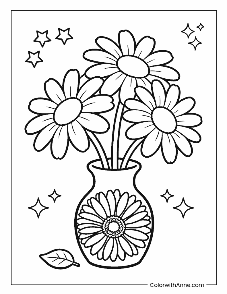 Daisy in a Vase with Stars and Sparkles Coloring Page