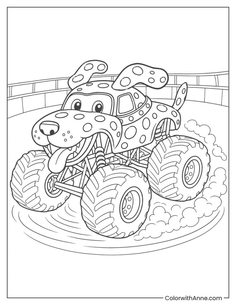Dalmatian Monster Truck Donut Spin Coloring Page