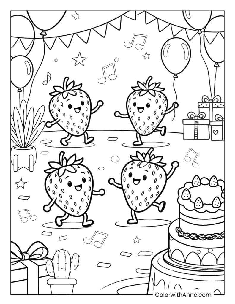 Dancing Strawberry Party Coloring Page