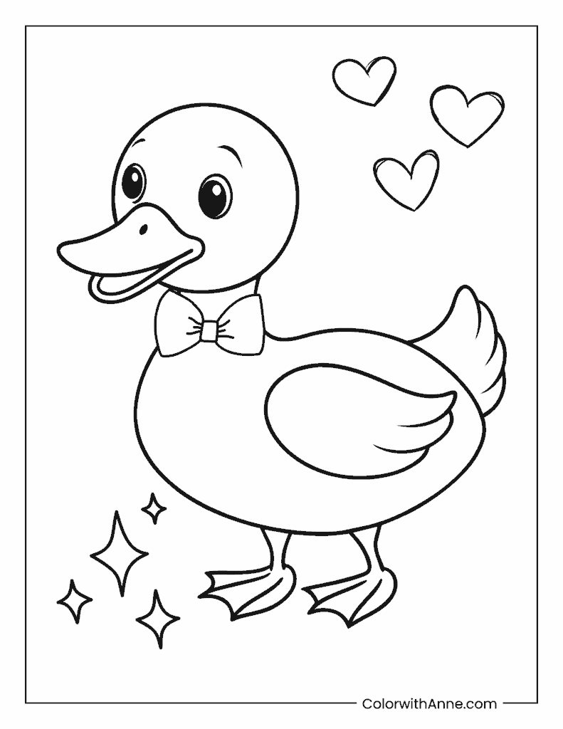 Dapper Duck with Hearts and Stars Coloring Page