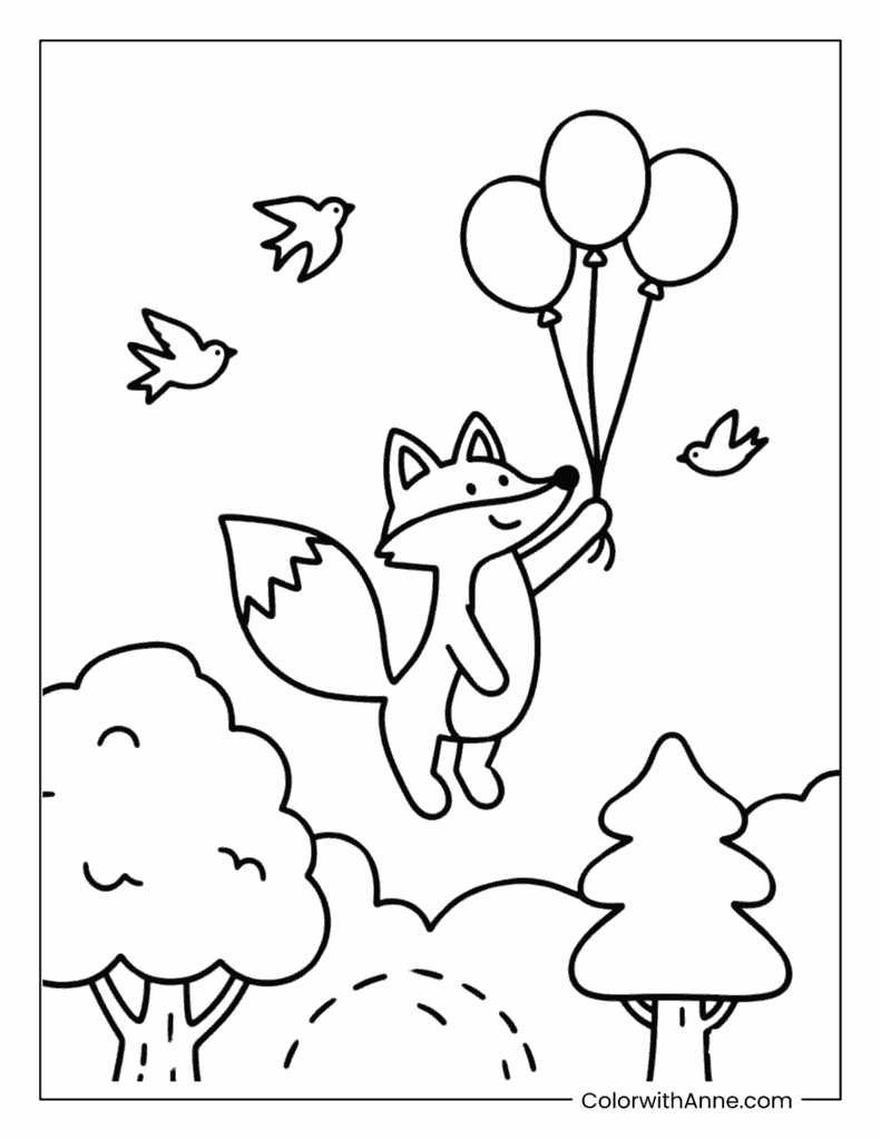 Daring Fox Floating with Balloons Coloring Page