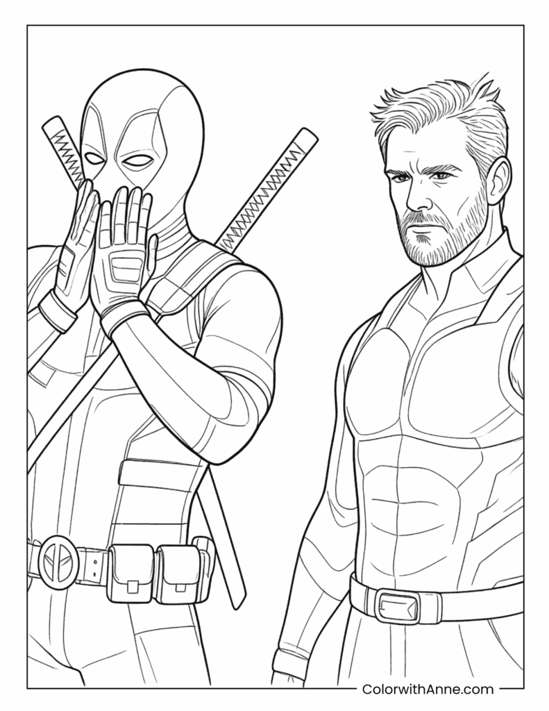 Deadpool Blowing a Kiss Beside Wolverine Coloring Page