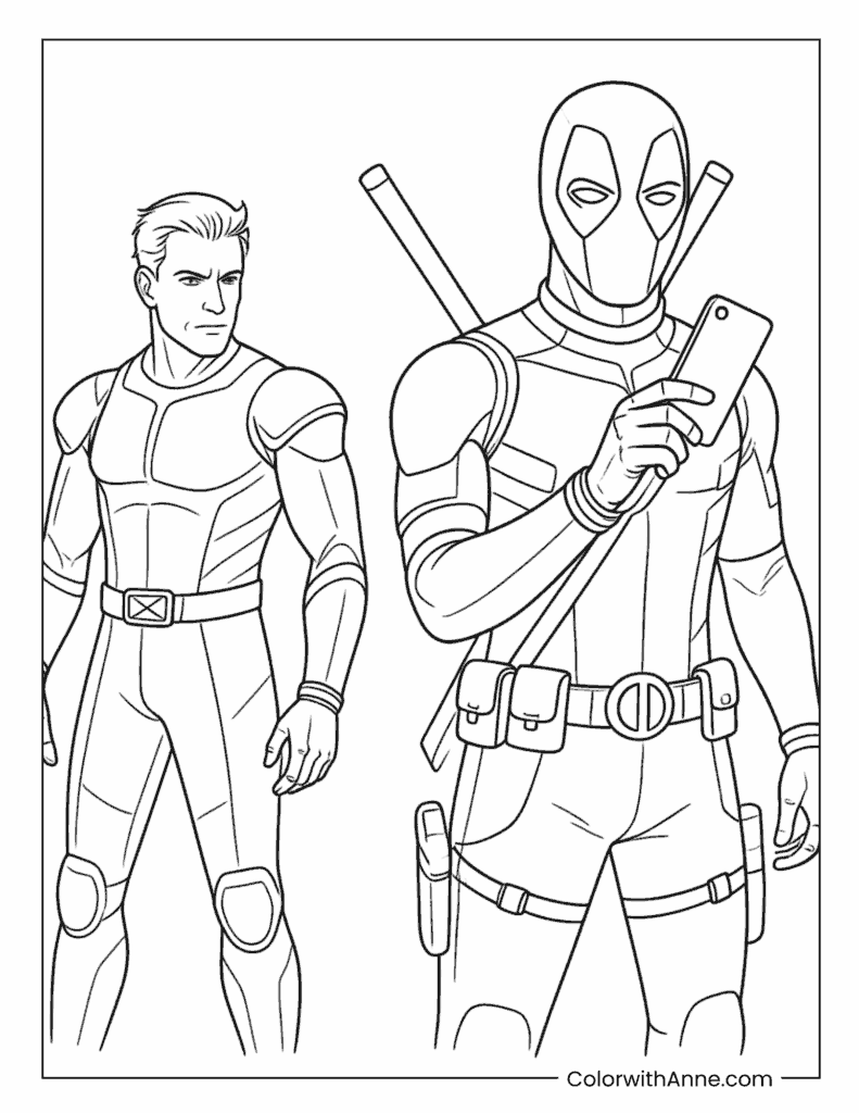 Deadpool Taking a Selfie with Wolverine Coloring Page