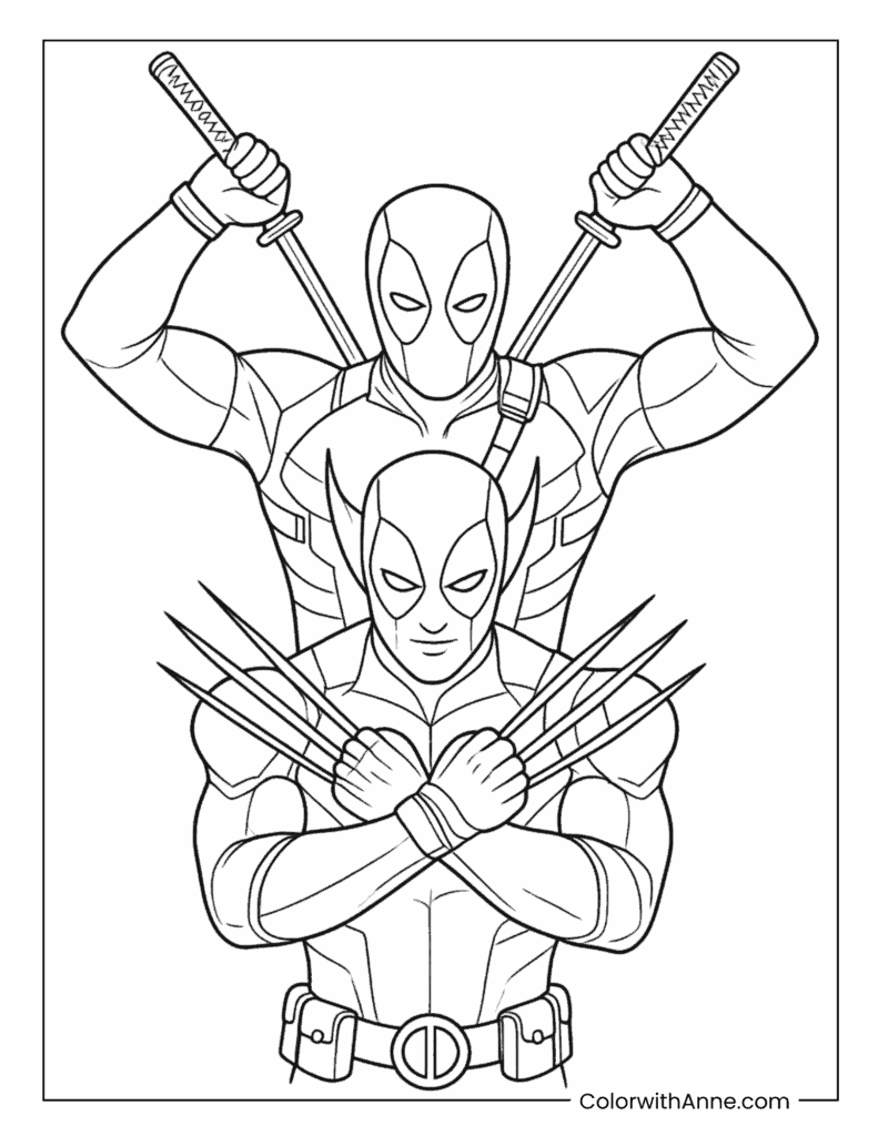 Deadpool and Wolverine Crossed Weapons Pose Coloring Page