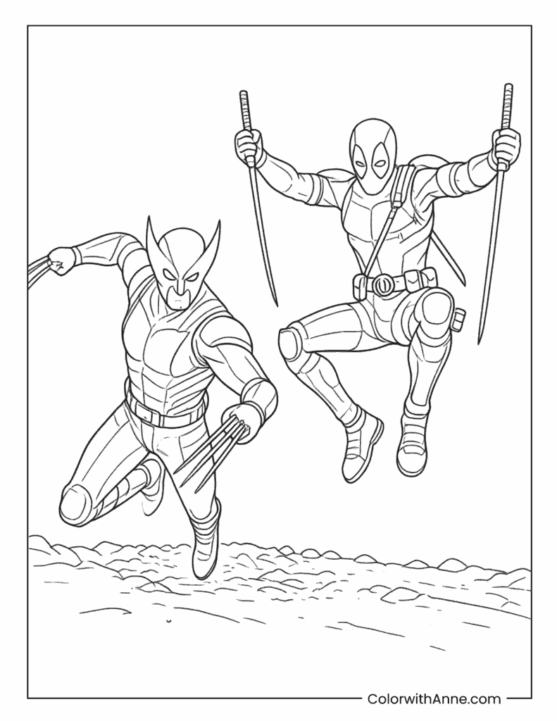 Deadpool and Wolverine Leaping into Action Coloring Page